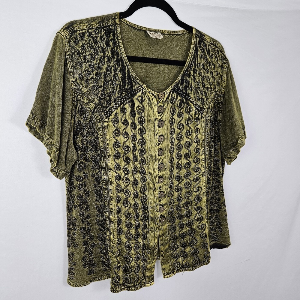 Vintage Magic Womens O/S Green Embroidered Top Whimsigoth Boho Festival Peasant